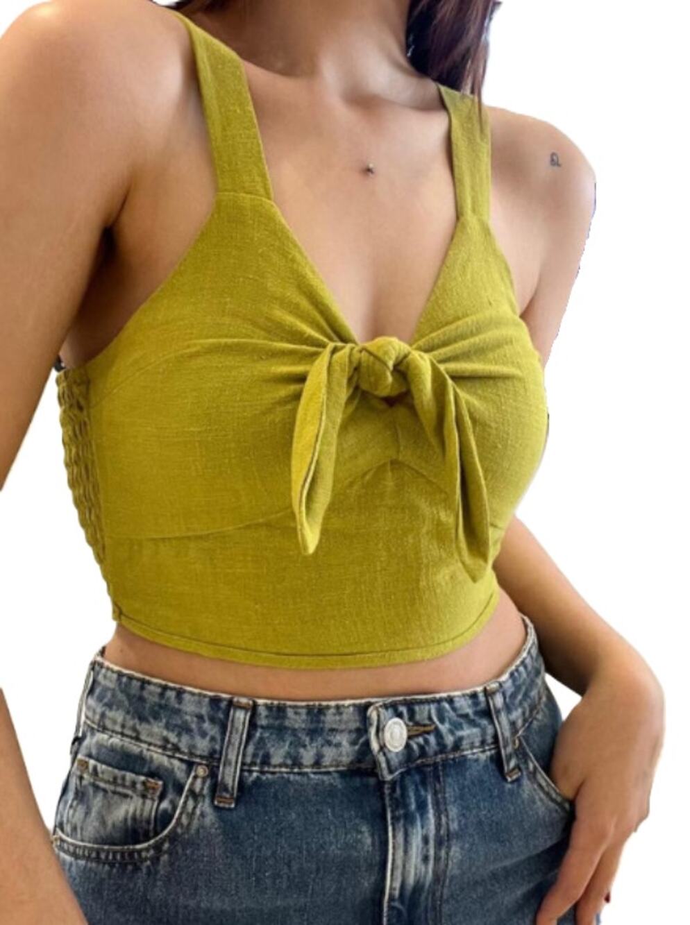 Monteau Crop Top Womens L Green Linen Blend Knot Front Smocked Back Breathable